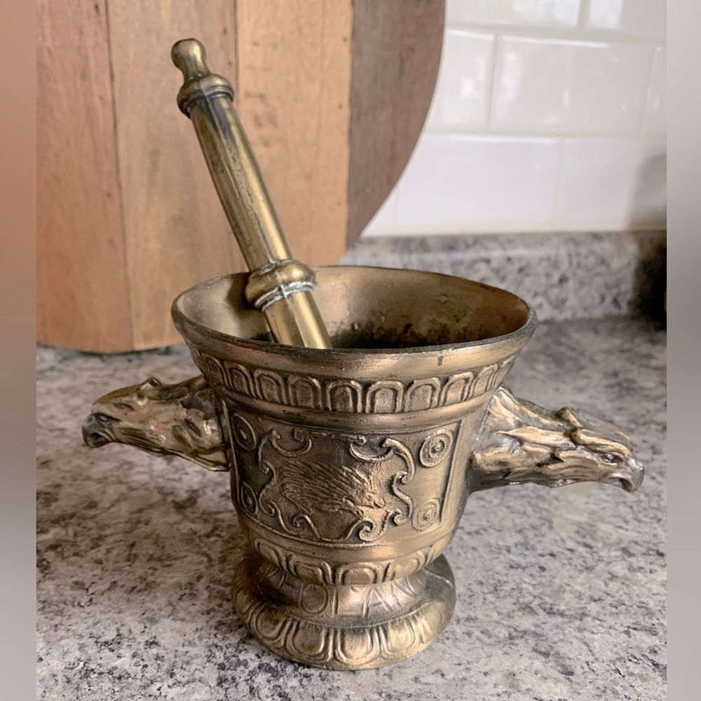 Vintage Richard Klein Brass Apothecary Mortar & Pestle Double Eagle Porcupine
